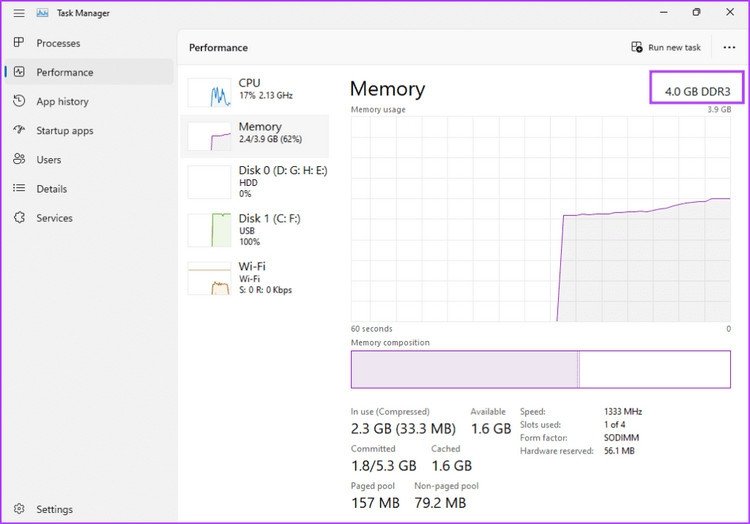 Chi tiết RAM trên Task Manager, hiển thị dung lượng và loại RAM trên laptop