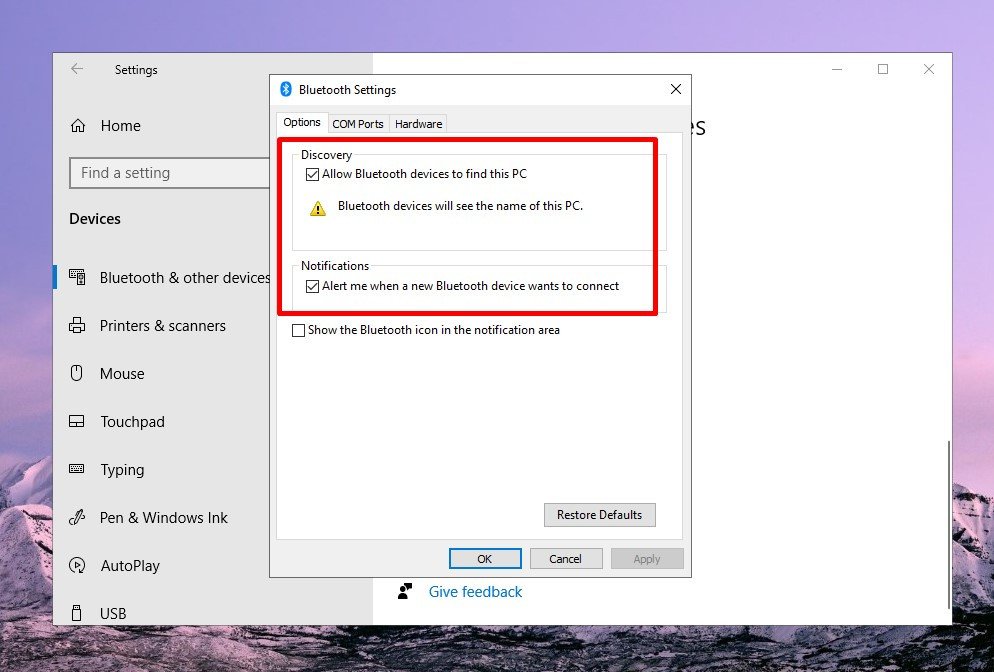 Cho phép thiết bị Bluetooth tìm thấy máy tính