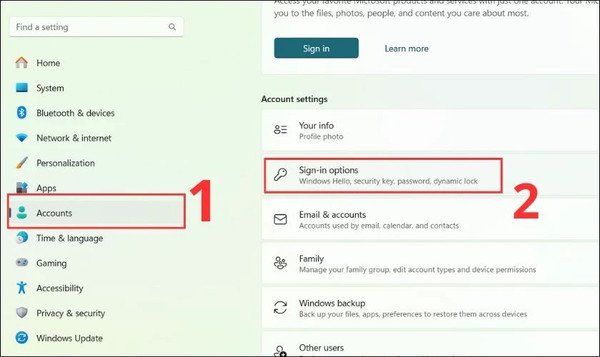 Chọn Accounts và Sign-in options trong Settings