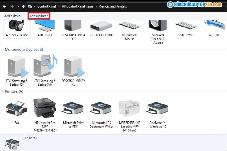 Chọn Add a printer để thêm thiết bị máy in không dây vào hệ thống