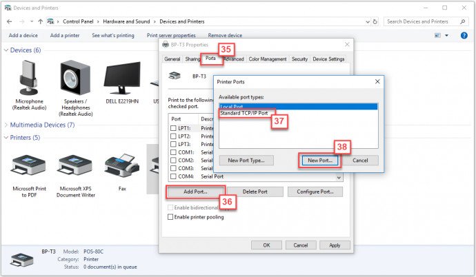 Chọn 'Add Port' và 'Standard TCP/IP Port' để kết nối máy in nhiệt qua LAN