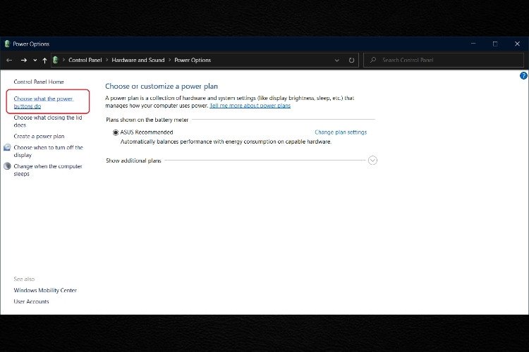 Chọn Additional Power Settings để cấu hình nút nguồn khi máy tính bị treo