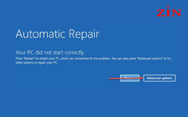 Chọn Advanced options trong giao diện Automatic Repair để sửa lỗi laptop bị treo Restarting