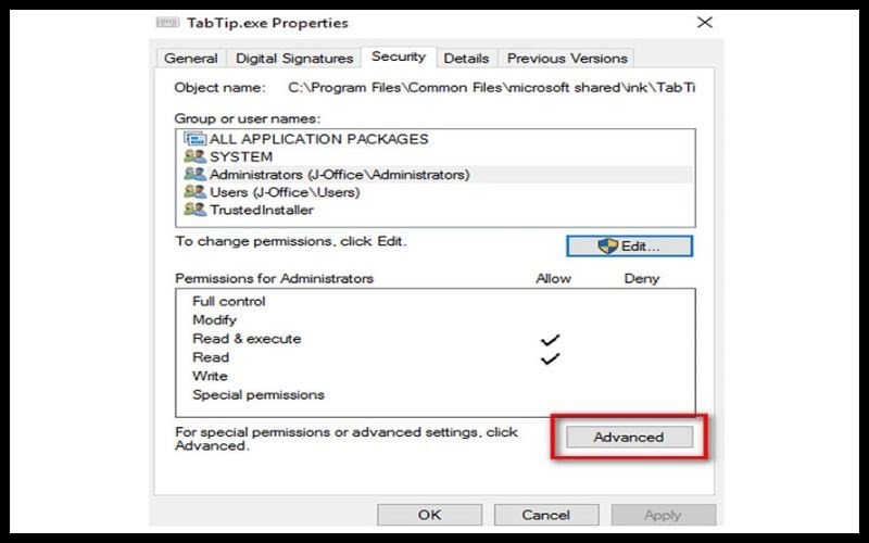 Chọn Advanced Security Settings để điều chỉnh quyền cho file TabTib.exe
