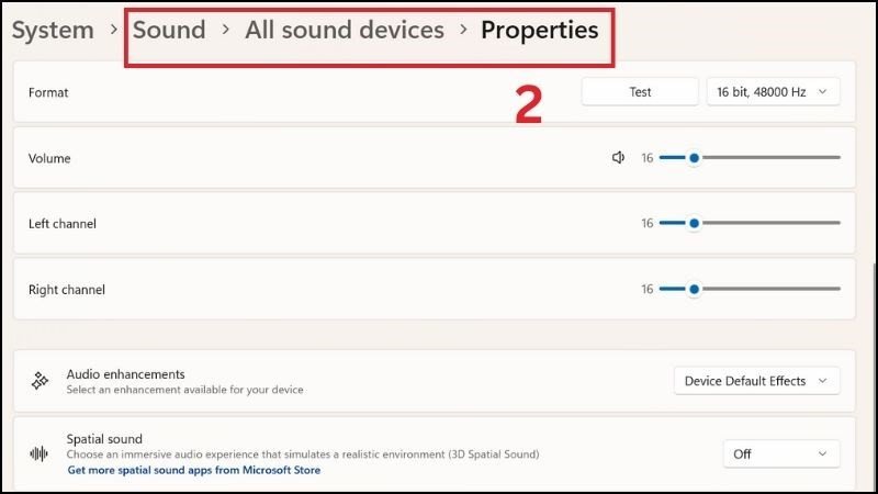 Chọn All Sound Devices và truy cập Properties để điều chỉnh Audio Enhancements