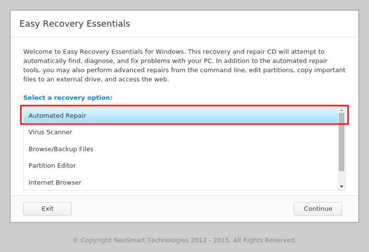 Chọn Automated Repair trong Easy Recovery Essentials để sửa màn hình laptop bị xanh dương