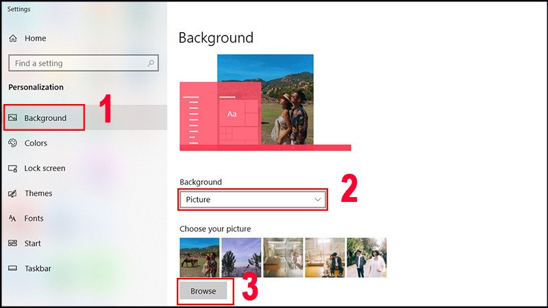 Chọn Background và Browse để tìm hình nền laptop