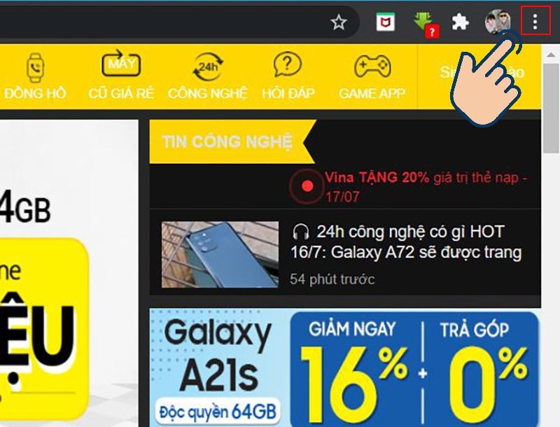Chọn biểu tượng 3 chấm trên trình duyệt Chrome