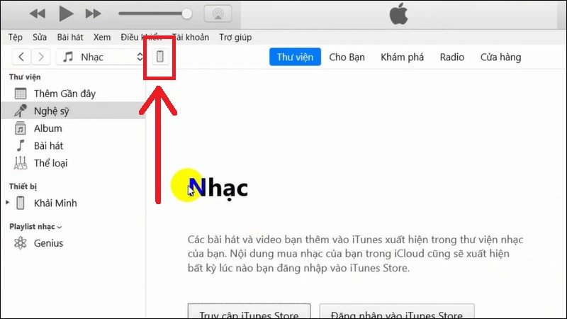 Chọn biểu tượng điện thoại trên iTunes để truy cập thông tin iPhone