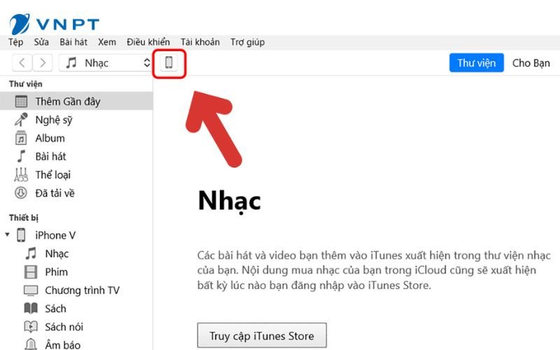 Chọn biểu tượng điện thoại trong iTunes để chuyển dữ liệu