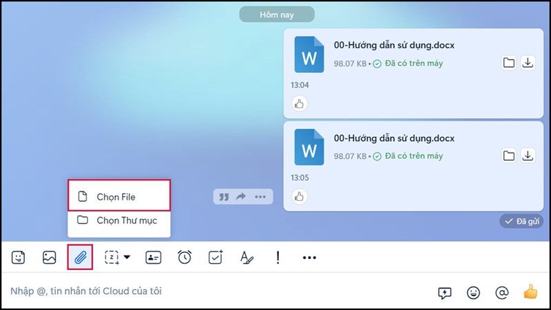 Chọn biểu tượng đính kèm file trong cửa sổ chat Zalo để gửi file Word