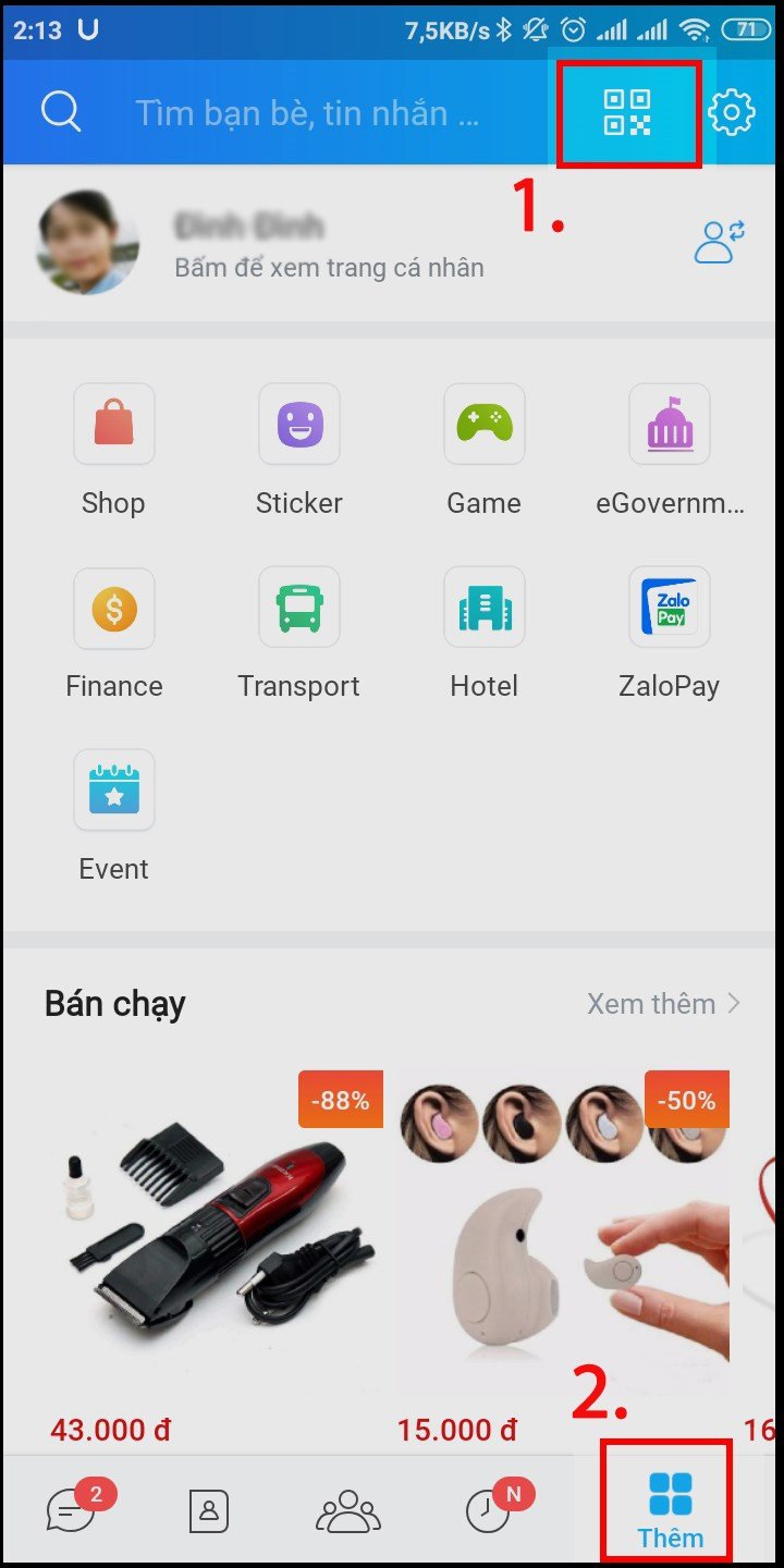 Chọn biểu tượng mã QR trên Zalo điện thoại