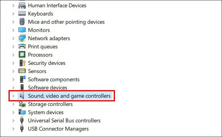 Chọn biểu tượng mũi tên bên cạnh sound, video and game controllers