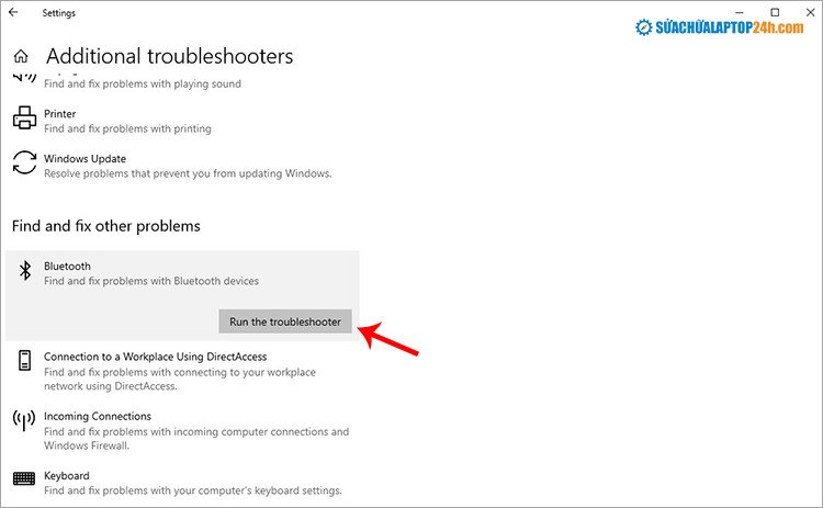 chọn Bluetooth và chạy Run the troubleshooters để khắc phục sự cố kết nối