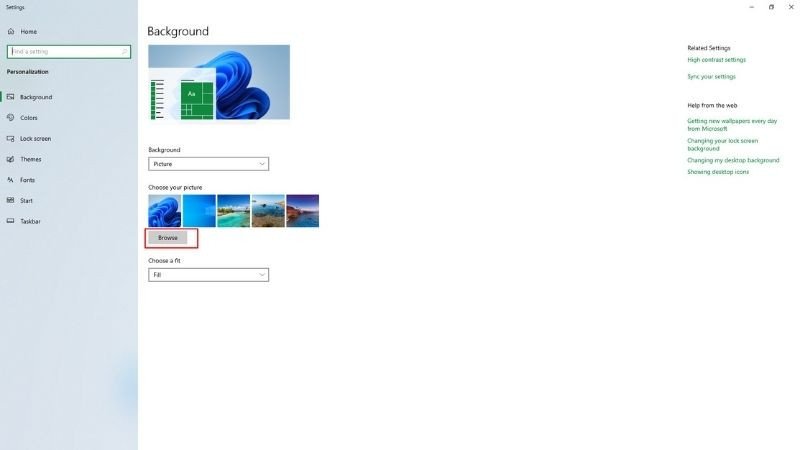Chọn Browse để tải ảnh nền dễ thương từ máy tính