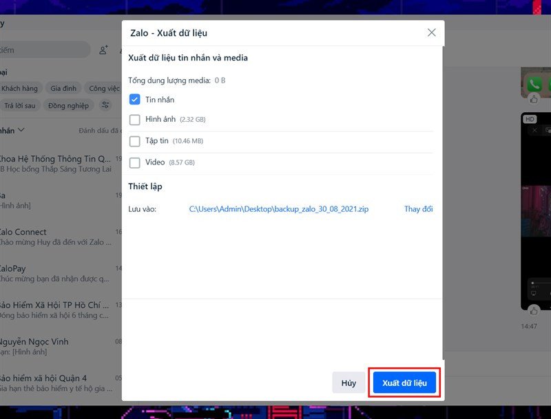Chọn các loại dữ liệu cần xuất như tin nhắn, hình ảnh, tập tin video Zalo