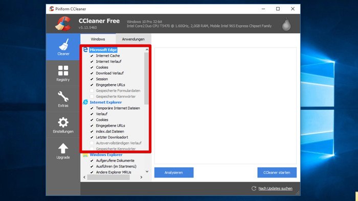 Chọn các mục cần dọn dẹp trong CCleaner để tăng tốc laptop