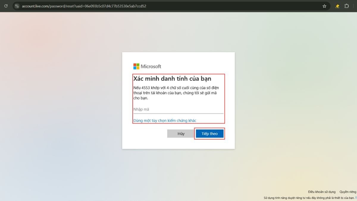 Chọn cách xác minh danh tính để khôi phục mật khẩu Win 11 qua email hoặc điện thoại