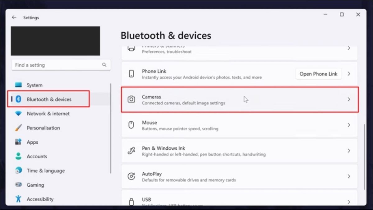 Chọn Camera ngoài trong cài đặt Bluetooth &amp; devices