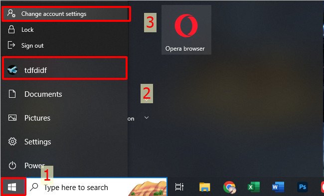 Chọn Change account settings từ Menu Start Windows 10