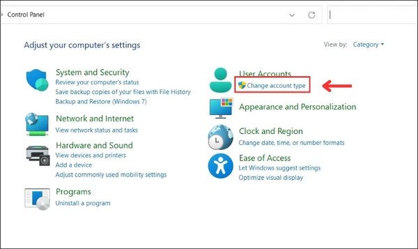 Chọn Change account type trong Control Panel