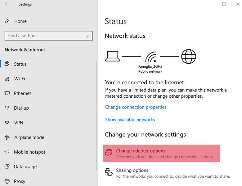 Chọn 'Change adapter options' trong phần cài đặt mạng để kiểm tra trạng thái card mạng wifi của laptop