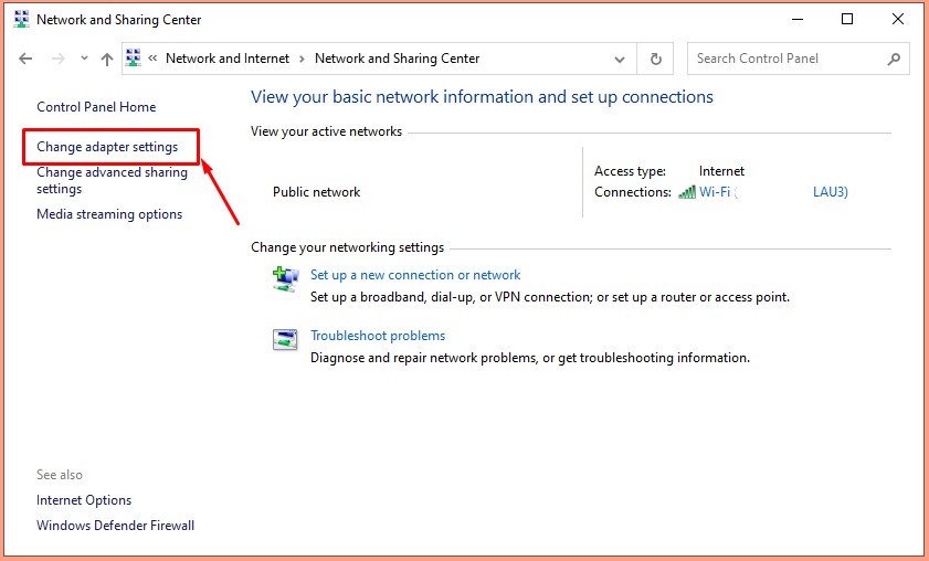 Chọn Change adapter settings để cấu hình mạng