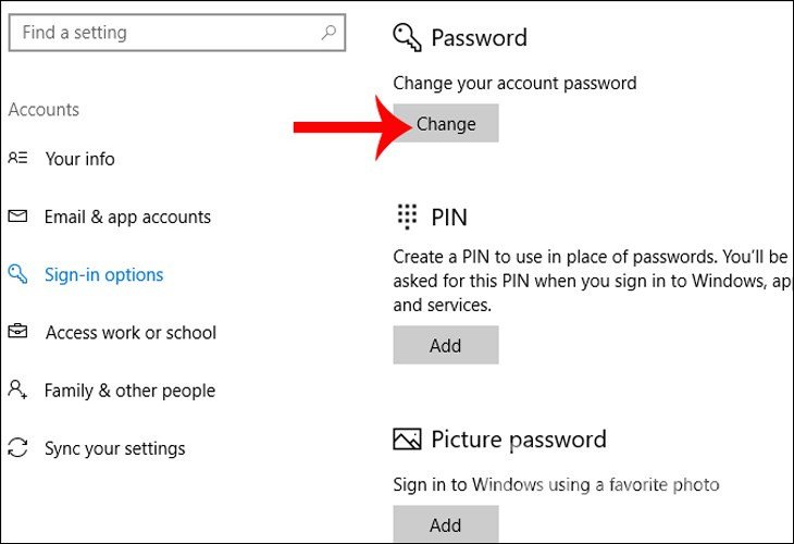 chọn change password trong settings để đổi mk trên laptop