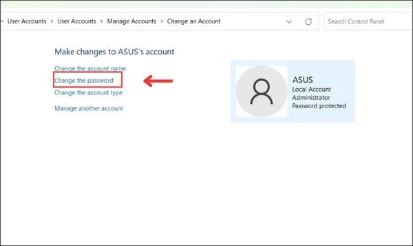 Chọn Change the password để đổi mật khẩu