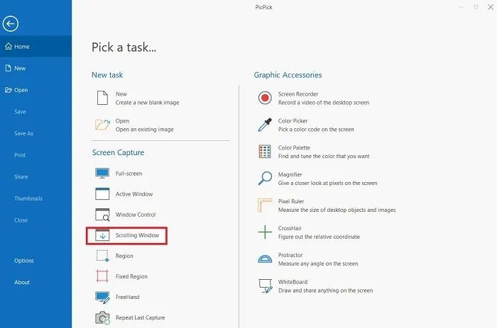 Chọn chế độ "Scrolling Window" trong PicPick để chụp ảnh màn hình cuộn