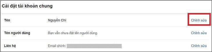 Chọn chỉnh sửa tên trong cài đặt tài khoản Facebook
