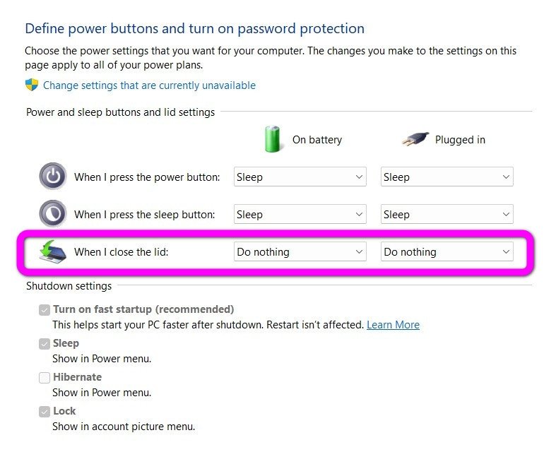 Chọn "Choose what closing the lid does" để cài đặt tắt màn hình laptop