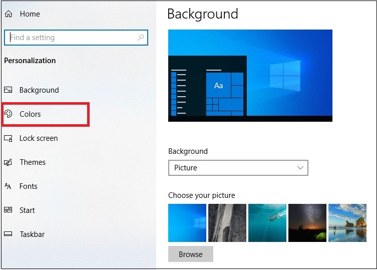 Chọn Colors trong cài đặt Personalization để tùy chỉnh chế độ hiển thị