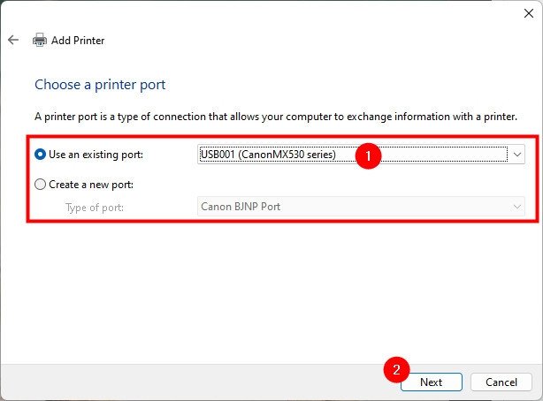 Chọn cổng kết nối USB cho máy in Canon 2900