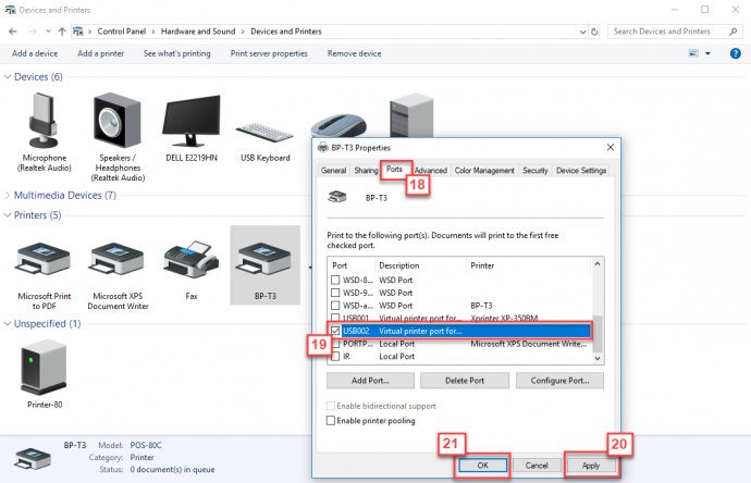 Chọn cổng USB phù hợp và áp dụng cấu hình để kết nối máy in nhiệt