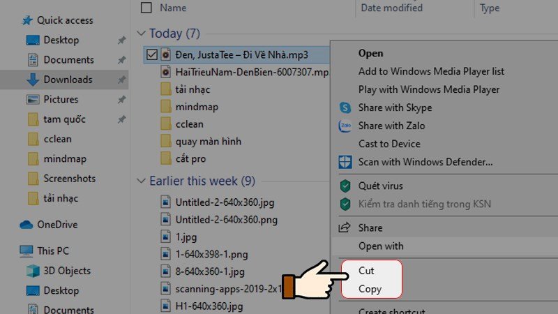 Chọn Copy hoặc Cut file nhạc đã tải từ Cốc Cốc