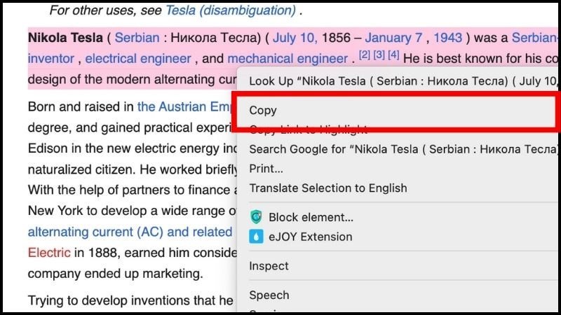 Chọn Copy từ menu ngữ cảnh để sao chép trên laptop MacBook