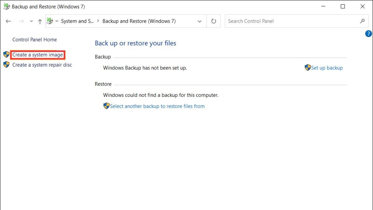 Chọn "Create a system image" khi chuẩn bị reset laptop Dell về trạng thái ban đầu
