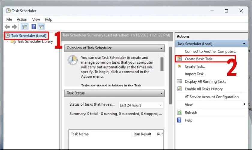Chọn Create Basic Task trong Task Scheduler để thiết lập hẹn giờ tắt laptop Win 10