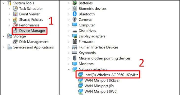 Chọn Device Manager và kiểm tra mục Network Adapters để tìm card Wifi Intel