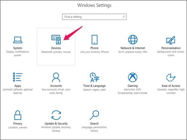 Chọn Devices trong cài đặt Windows 10