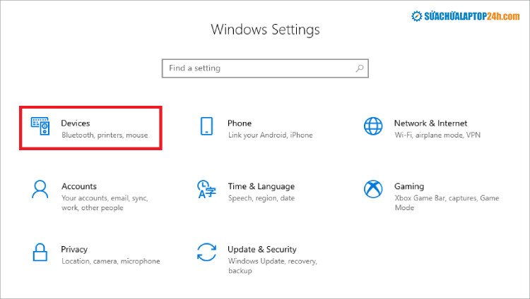 Chọn Devices trong ứng dụng Settings để kết nối máy in Canon