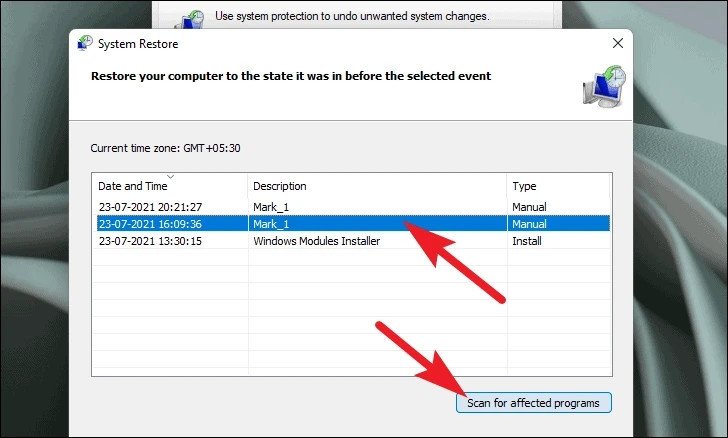 Chọn điểm khôi phục hệ thống để khắc phục lỗi tắt máy Win 11