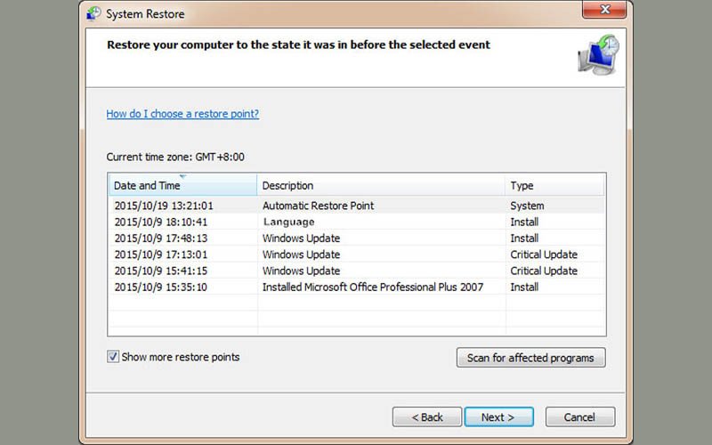 Chọn điểm khôi phục hệ thống