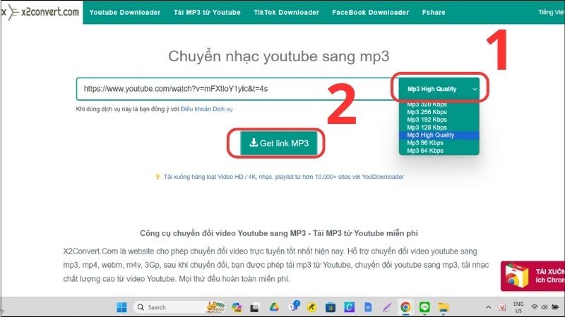 Chọn định dạng MP3 và nhấn Get link MP3 trên X2convert.com