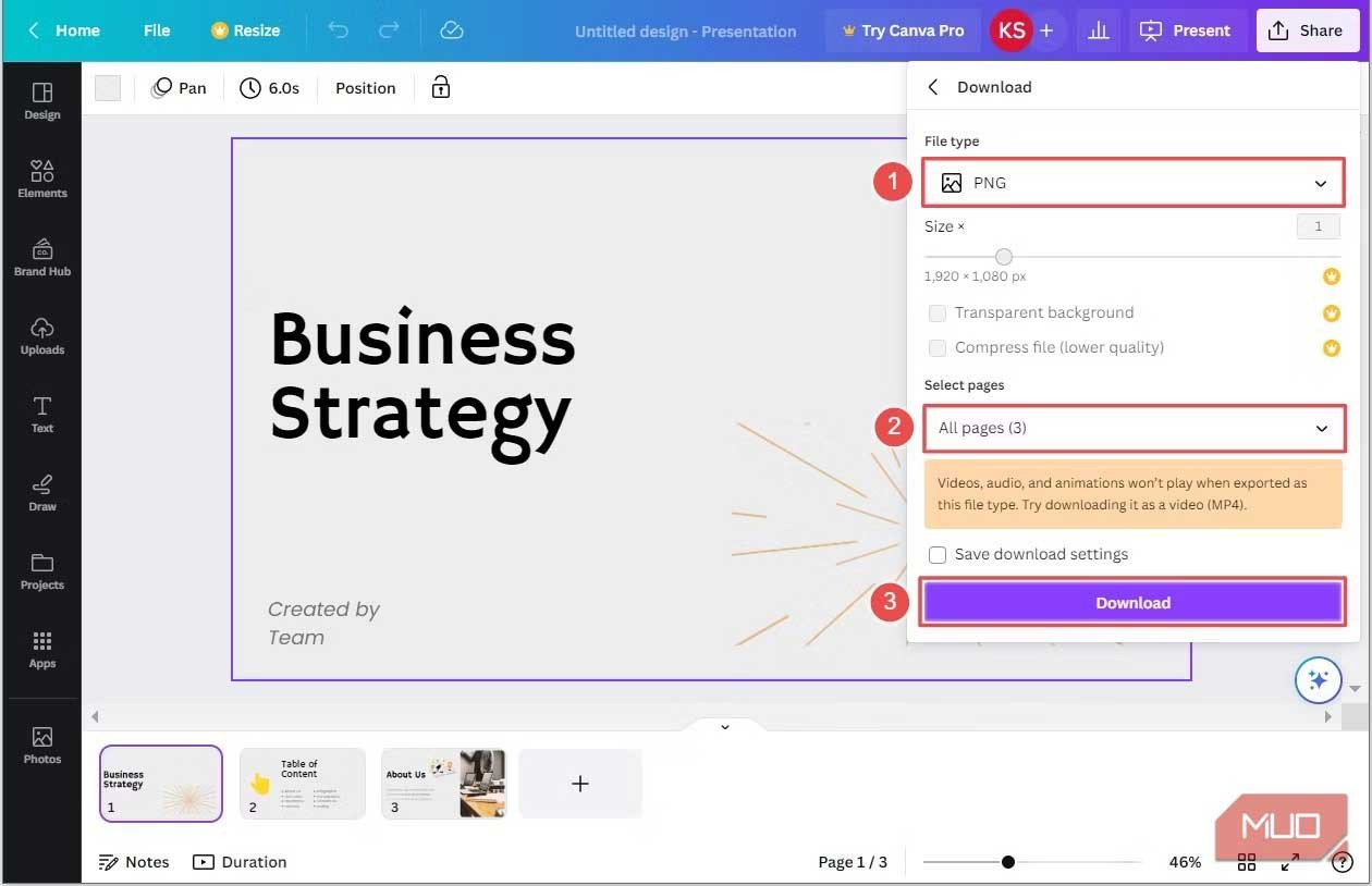 Chọn định dạng PNG để tải xuống từ Canva