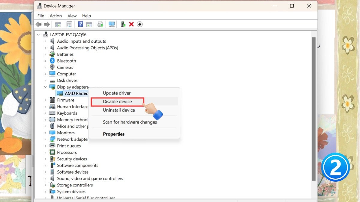 Chọn Disable device để vô hiệu hóa tạm thời card đồ họa