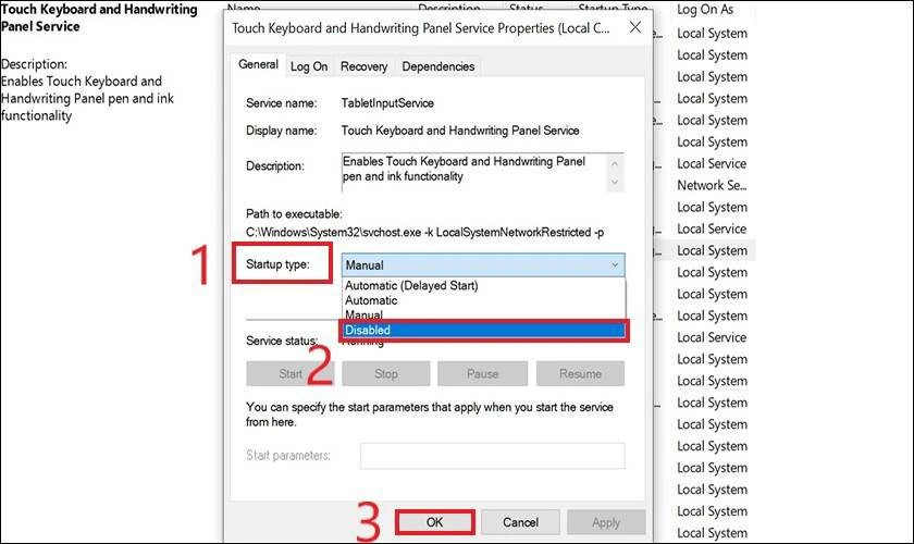 Chọn Disable tại mục Startup type