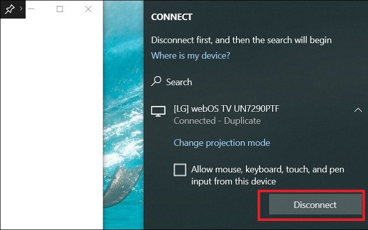 Chọn Disconnect để dừng trình chiếu không dây màn hình laptop lên TV
