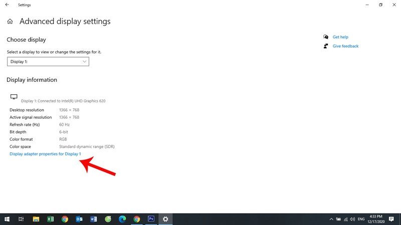 Chọn Display adapter properties for Display 1